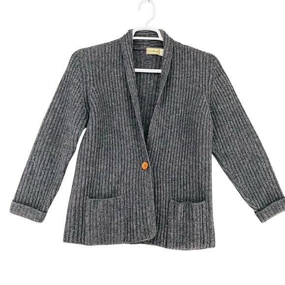 Bean Shetland Wool Ribbed Cardigan Sweater Button Gray Women